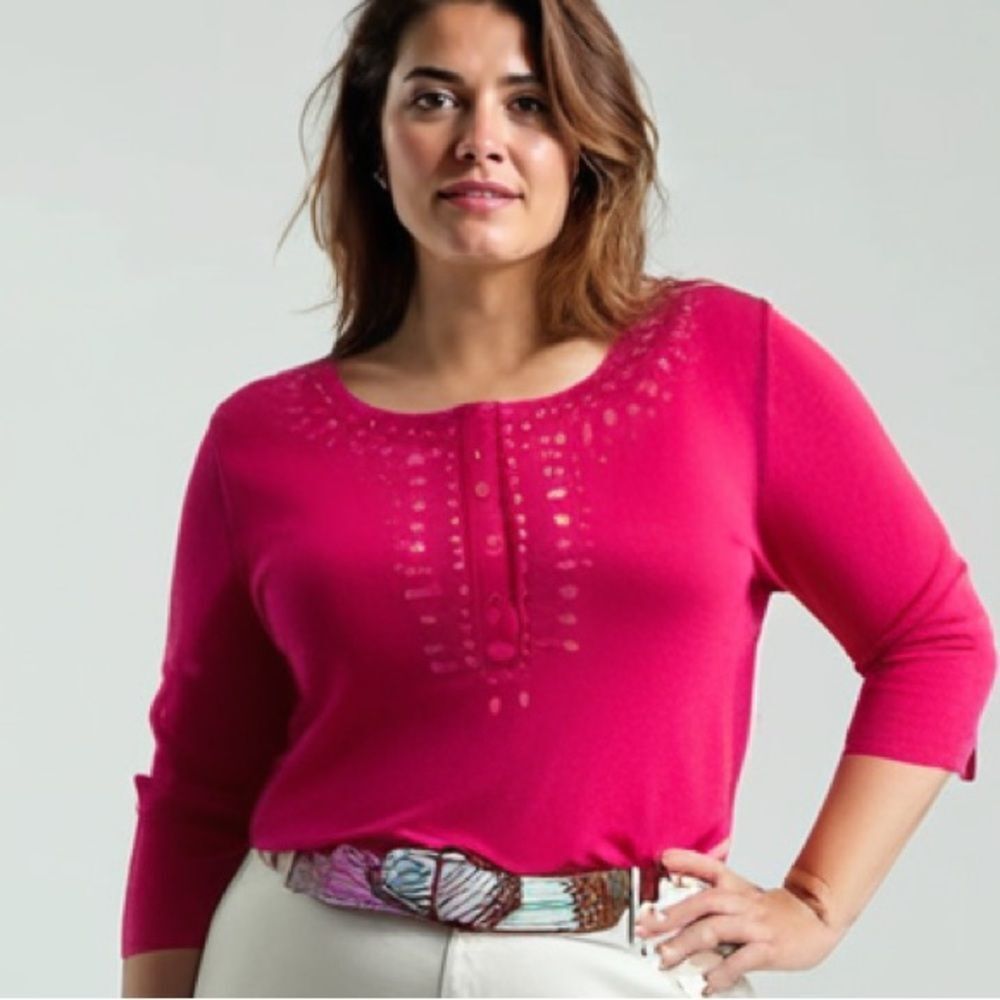 NWT‎ Chico's Estella Henley Linen Embellished Pullover Hot Pink Sweater- …